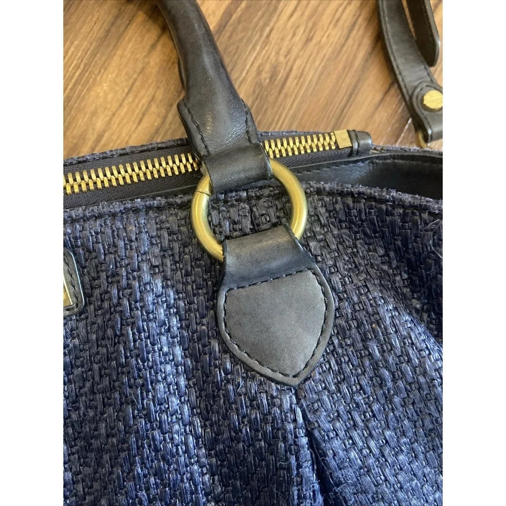 J.CREW Midnight Blue Woven Nylon Leather Trim Turnlock Satchel Shoulder Bag READ